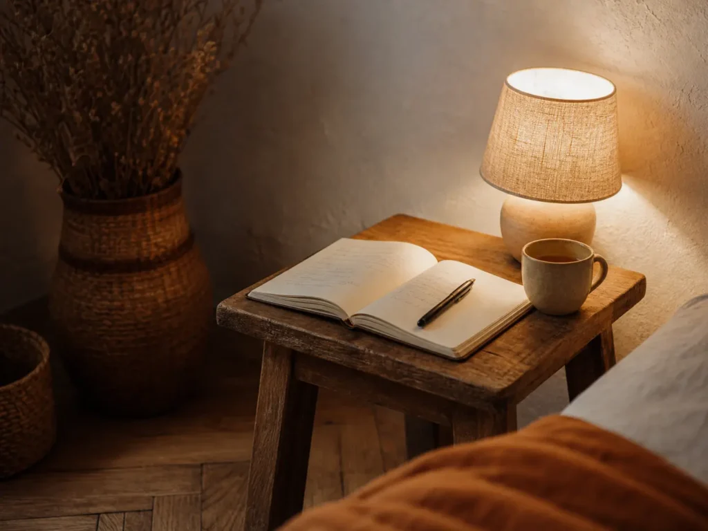Carnet de journaling ouvert sous une lampe de chevet allumée