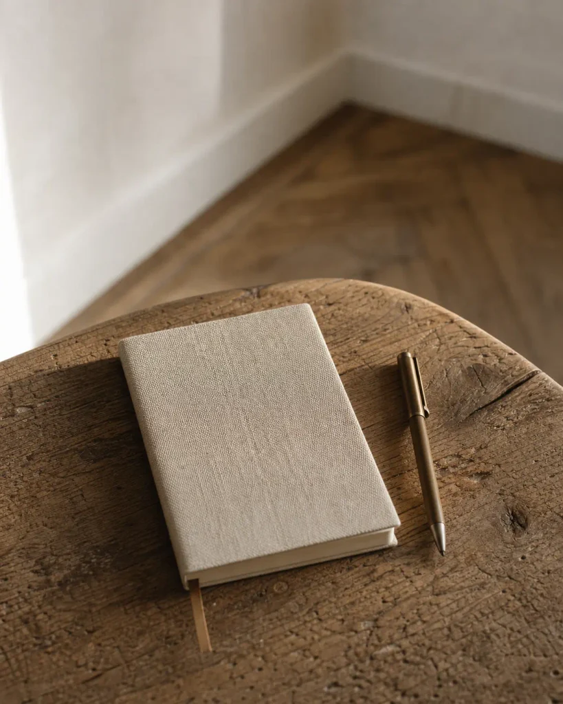 Carnet vierge format poche posé sur une table en bois brut, sans grille ni consigne