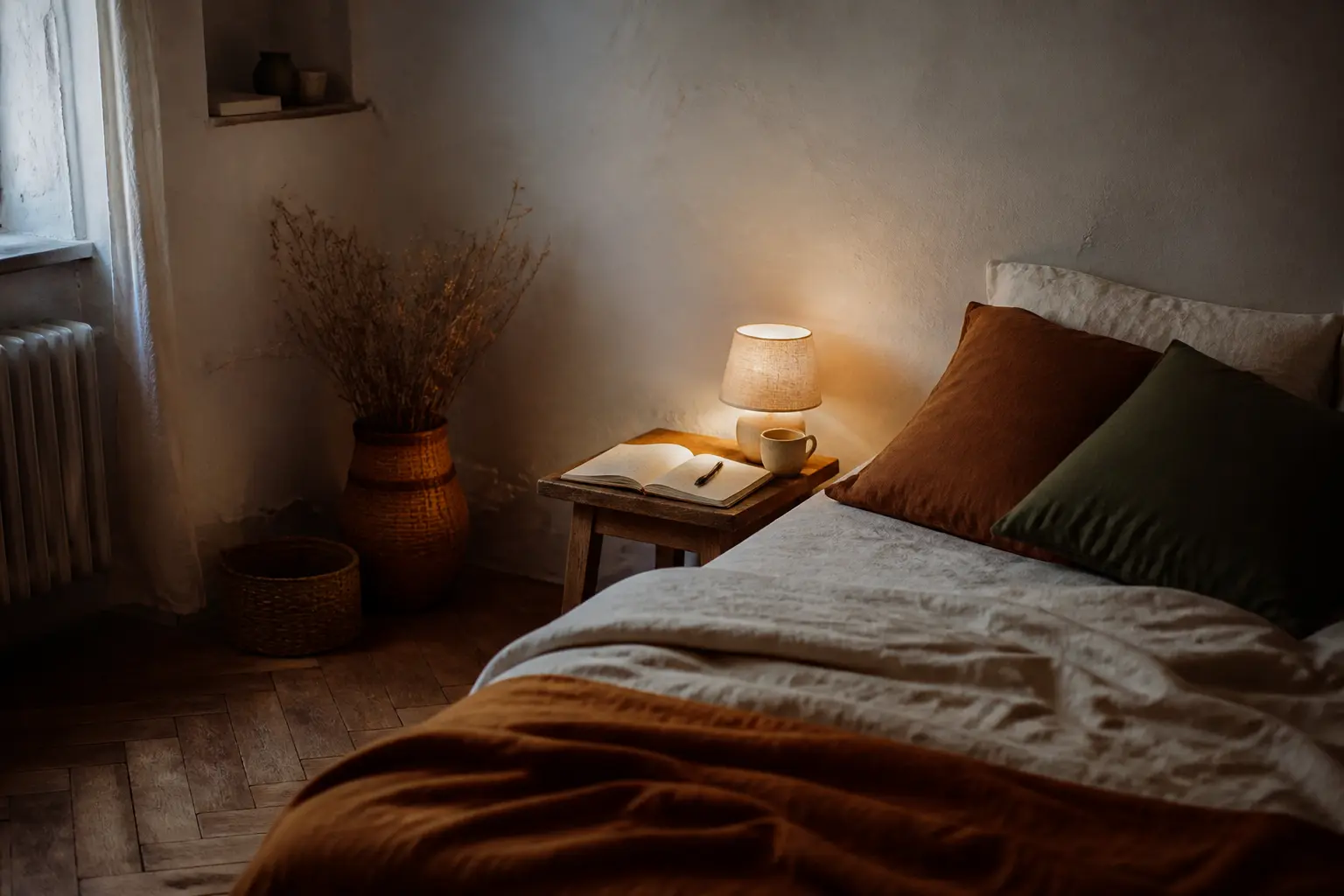 Table de chevet avec carnet ouvert et lampe allumée pour commencer le journaling le soir