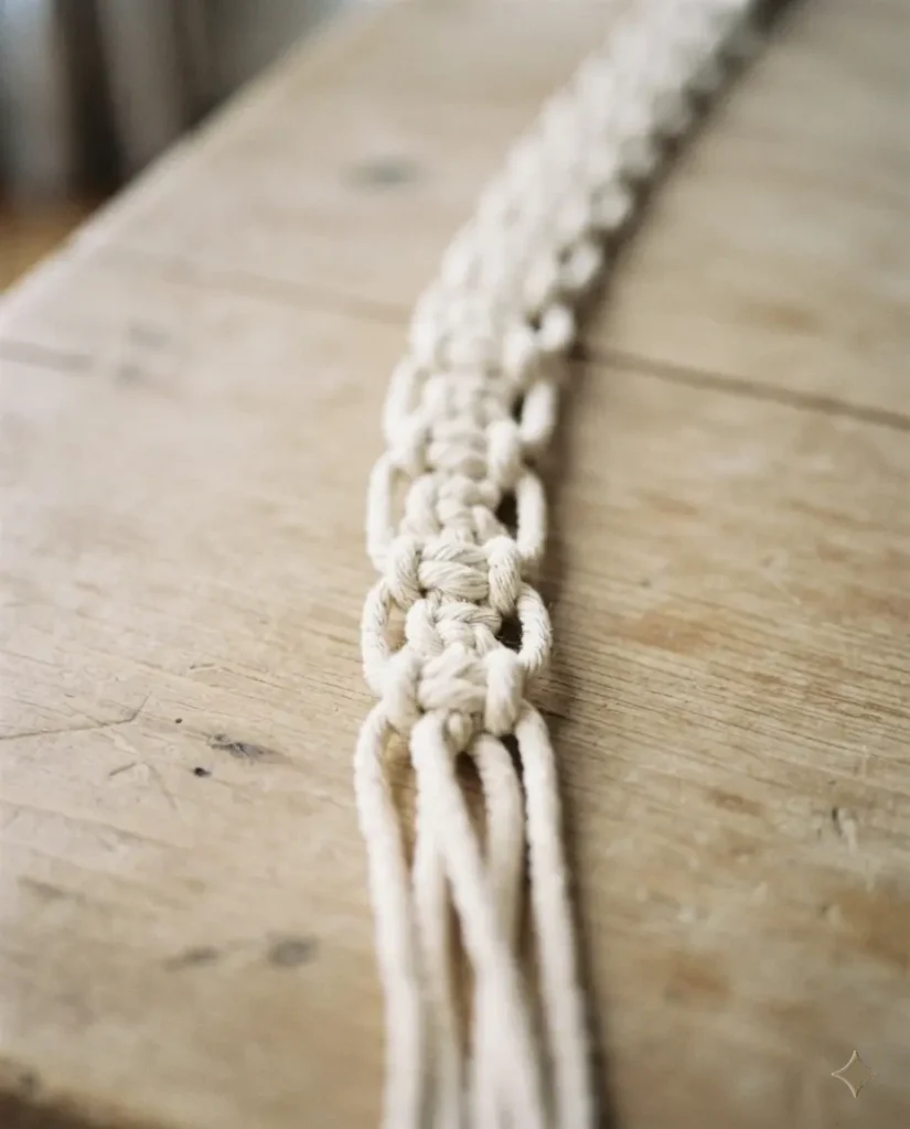 Gros plan sur des nœuds plats en corde de coton pour un macramé débutant