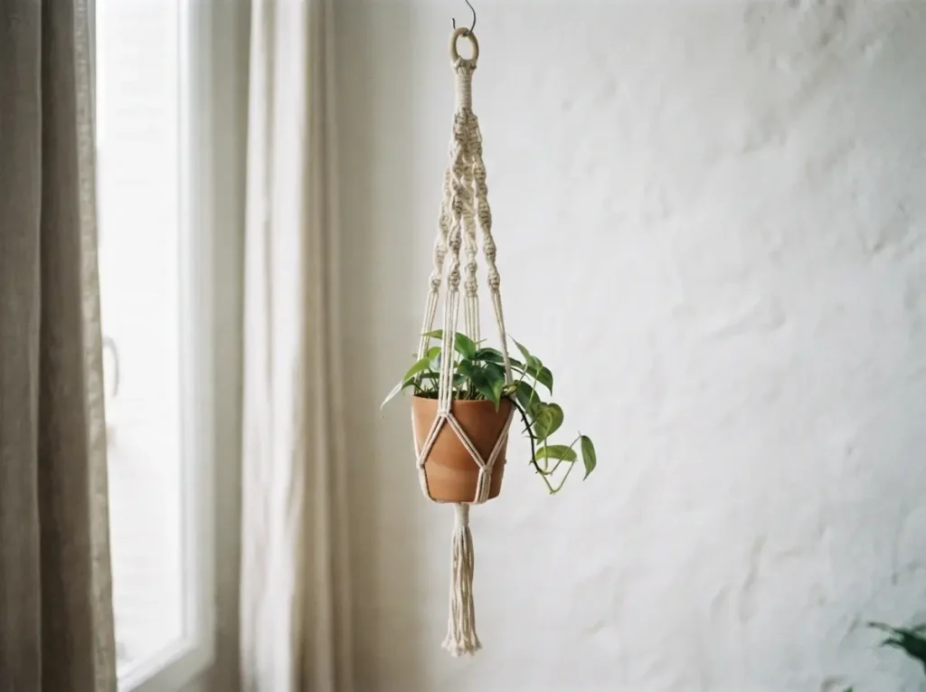 Porte-plante en macramé terminé avec un pot en céramique, projet idéal pour débuter