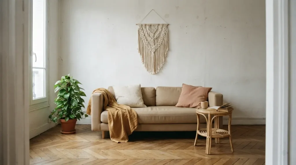 Détail des matières lin et rotin d'un tapis berbère dans un salon bohème