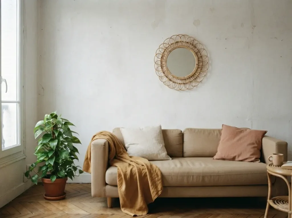 Mur du canapé en point focal avec miroir rotin dans un salon bohème